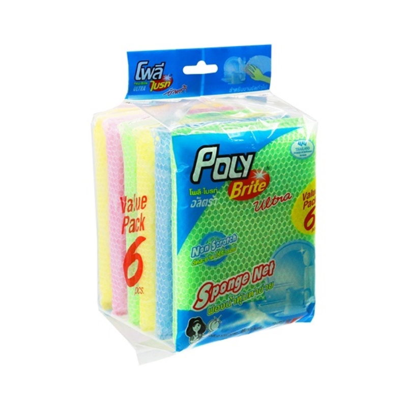 Poly-Brite โพลี-ไบรท์ ฟองน้ําล้างจาน (6 ชิ้น/แพ็ก) รุ่นสปอนจ์อัลตร้า ฟองน้ําหุ้มตาข่าย คละสี