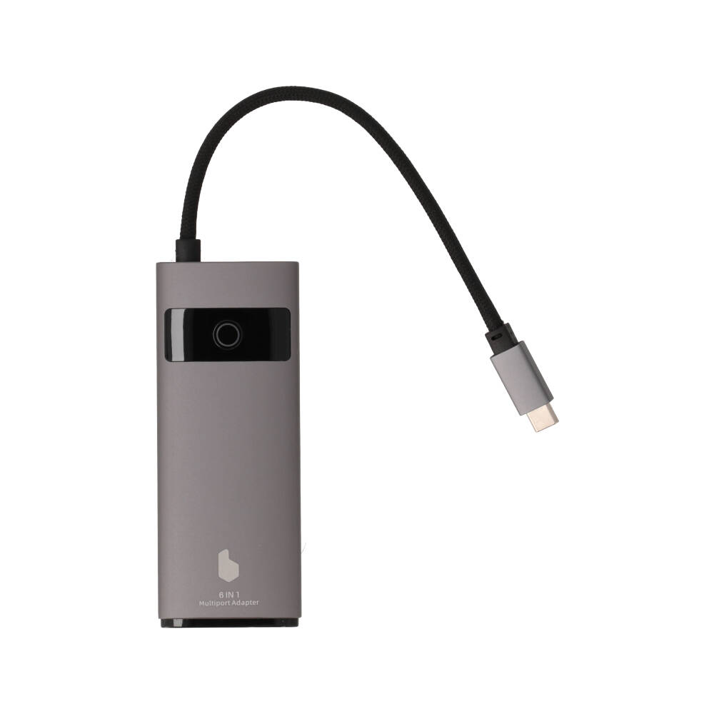 BLUE BOX Port Hub USB Type-C 6-in-1 Multifunction Converter with Screen On/Off button Grey