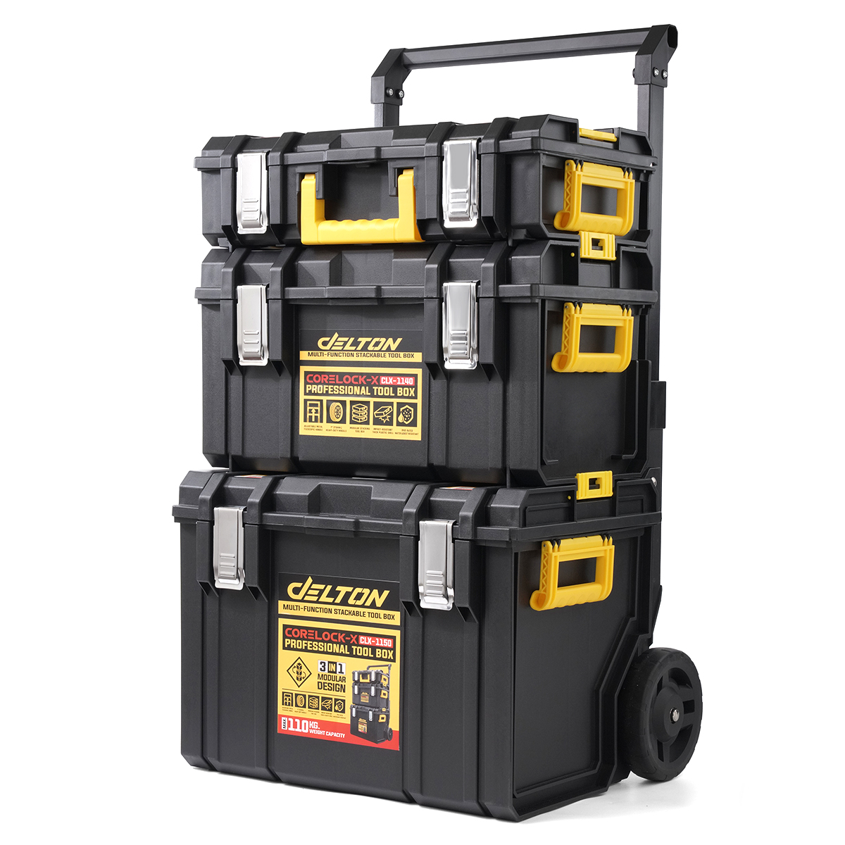 DELTON กล่องเครื่องมือล้อลาก 3 ชั้น CORELOCK-X รุ่น 110 Kg. ครบเซต แบบรถเข็น 3-in-1 รับน้ําหนักรวม 110KG กันกระแทก วางซ้อนล็อคต่อกันได้