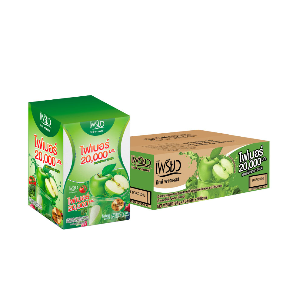 [1 Carton] PREAW Chromium Veggie Powder 26g - 1 box x 6 sachets, High Fiber Mixed Vegetable Powder, 0% Sugar, 10 boxes (60 sachets total)