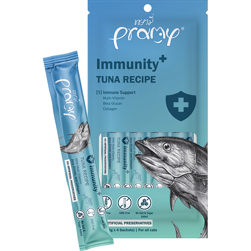 Pramy พรามี่ สมูทตี้ แมวเลีย ผลิตจากเนื้อปลาทูน่าและเนื้อไก่แท้ ขนาด 14g บรรจุแพค 4 แท่ง SM1-ทูน่า สมูทตี้