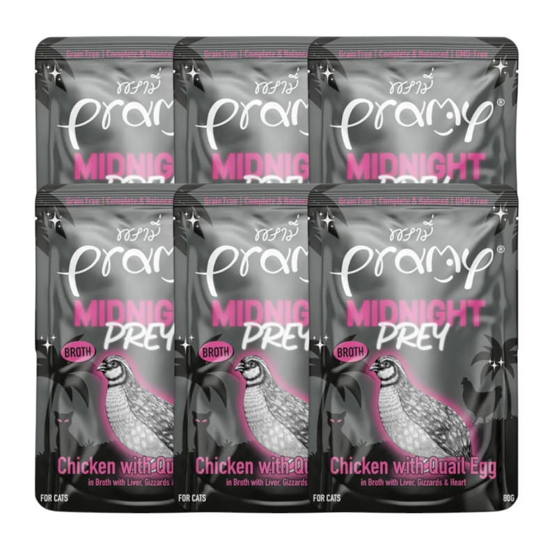 [6 ซอง] Pramy Midnight Prey อาหารแมว สูตร Complete & Balanced โปรตีนสูง เนื้อสัตว์เน้นๆ ช่วยบํารุงสุขภาพ มี 6 สูตร 80g. MN4-ซุปไก่&ไข่นก,6 ซอง