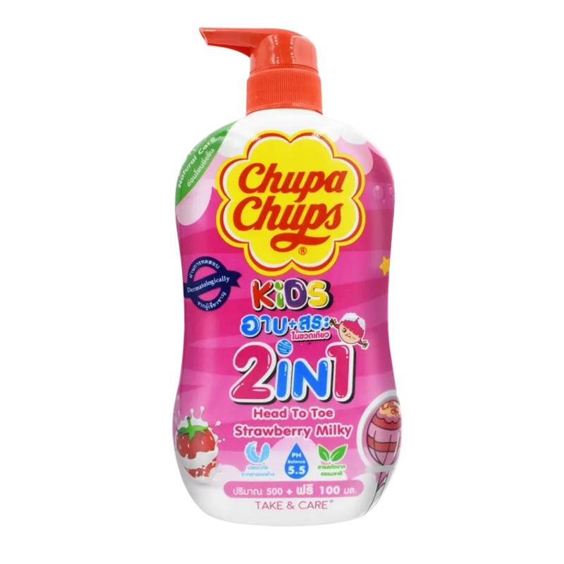Chupa Chups อาบน้ําพร้อมสระผมเด็ก ครีมอาบน้ํา ครีมสระผม ของเด็ก กลิ่นสตรอเบอร์รี่ 600ml.