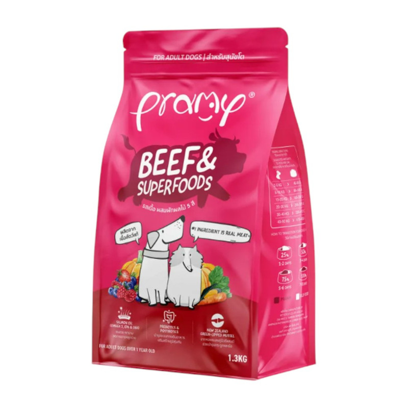 Pramy อาหารเม็ดสุนัขพรามี่ สูตรเน้นเนื้อแท้ โปรตีนสูง เสริมสร้างสุขภาพแบบรอบด้าน ขนาด 1kg - 1.3kg SD02-ชมพูเข้ม 1.3 kg