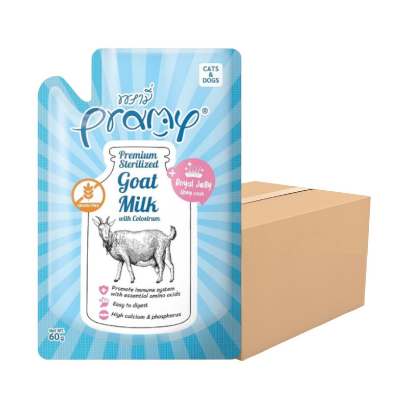[48ซอง] Pramy Sterilized Goat Milk With Colostrum นมแพะ สเตอริไลส์ เสริมนมน้ําเหลือง ขนาด 60g / GM01-นมแพะสีฟ้า