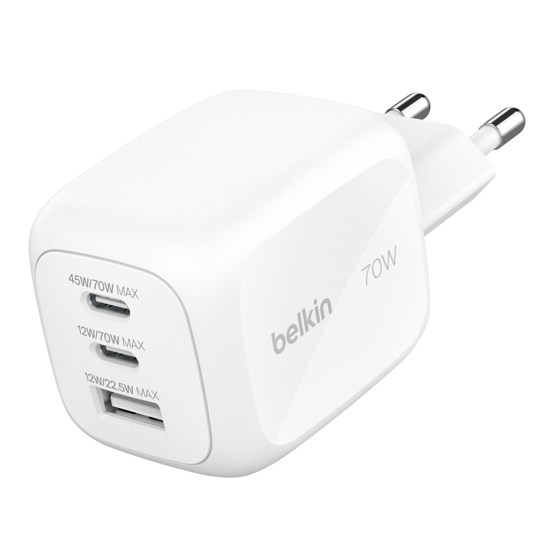 Belkin หัวชาร์จเร็ว 70W ขากลม มอก.ไทย จ่ายไฟ USB-C แบบ 3 ช่อง รับประกัน 2 ปี รุ่น WCH018 (สีขาว)