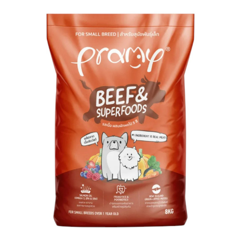 [กระสอบ] Pramy อาหารเม็ดสุนัขพรามี่ สูตรสุนัขโตพันธุ์เล็ก รสเนื้อ / SD01-ส้ม 8 kg
