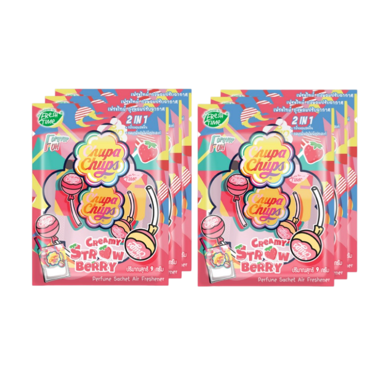 [แพ็ค6ชิ้น] FreshTime X Chupa Chups ถุงหอมปรับอากาศ ถุงหอมรถยนต์ น้ําหอมรถยนต์ ถุงหอมจูปาจุ๊ปส์ ดับกลิ่น กลิ่นStrawberry ขนาด 9 กรัม