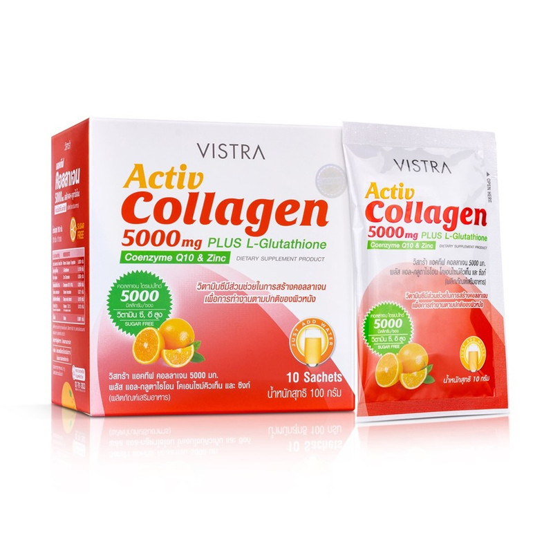 VISTRA Dietary Supplement Active Collagen 5000 mg Plus L-Glutathione Coenzyme Q10 & Zinc 10 g 10 Sachets