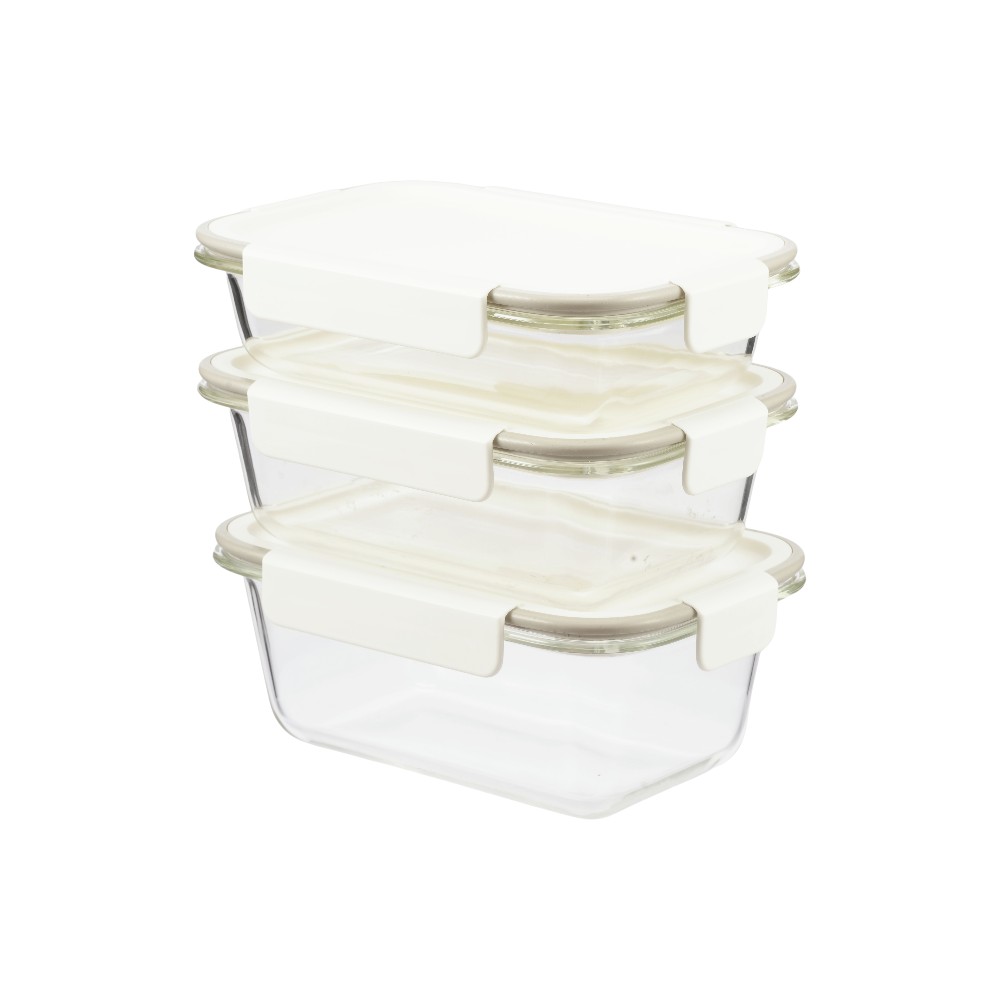 Super Lock Buy 2 Get 1 Free Blooming Series Glass Food Container Set, High Borosilicate Glass, BPA Free, Stackable, Oven Safe Cream