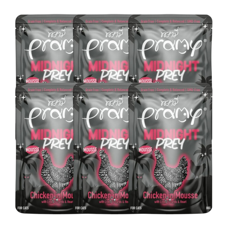 [6 ซอง] Pramy Midnight Prey อาหารแมว สูตร Complete & Balanced โปรตีนสูง เนื้อสัตว์เน้นๆ ช่วยบํารุงสุขภาพ มี 6 สูตร 80g. MN5-มูสเนื้อไก่,6 ซอง