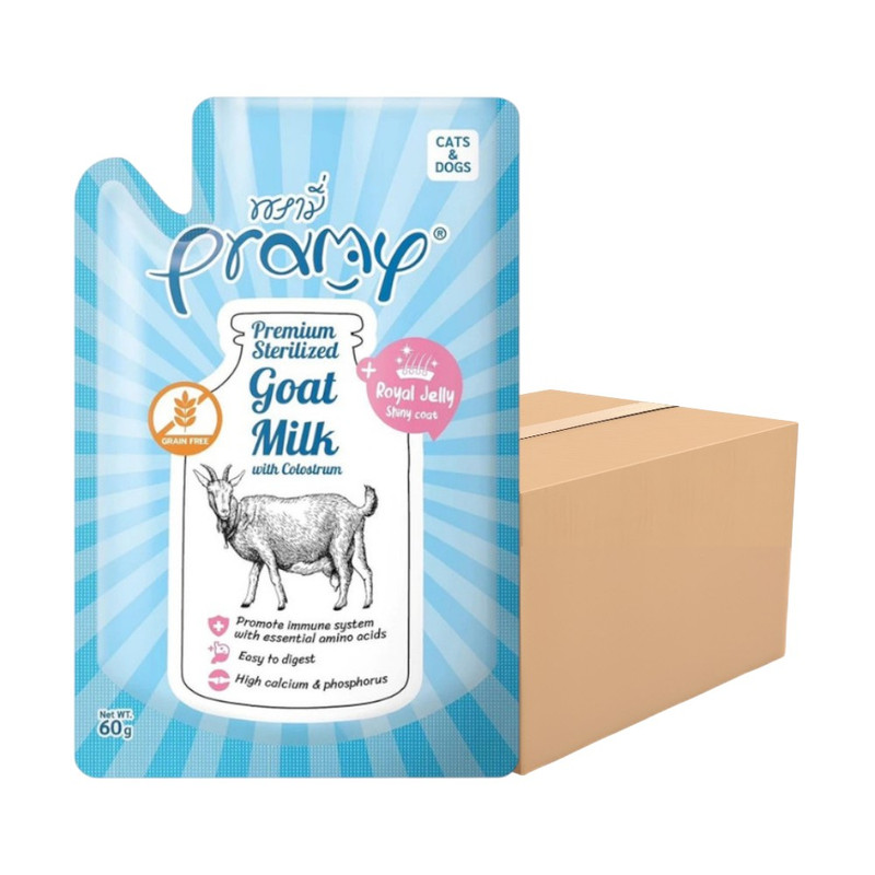 [12ซอง] Pramy Sterilized Goat Milk With Colostrum นมแพะ สเตอริไลส์ เสริมนมน้ําเหลือง ขนาด 60g / GM01-นมแพะสีฟ้า
