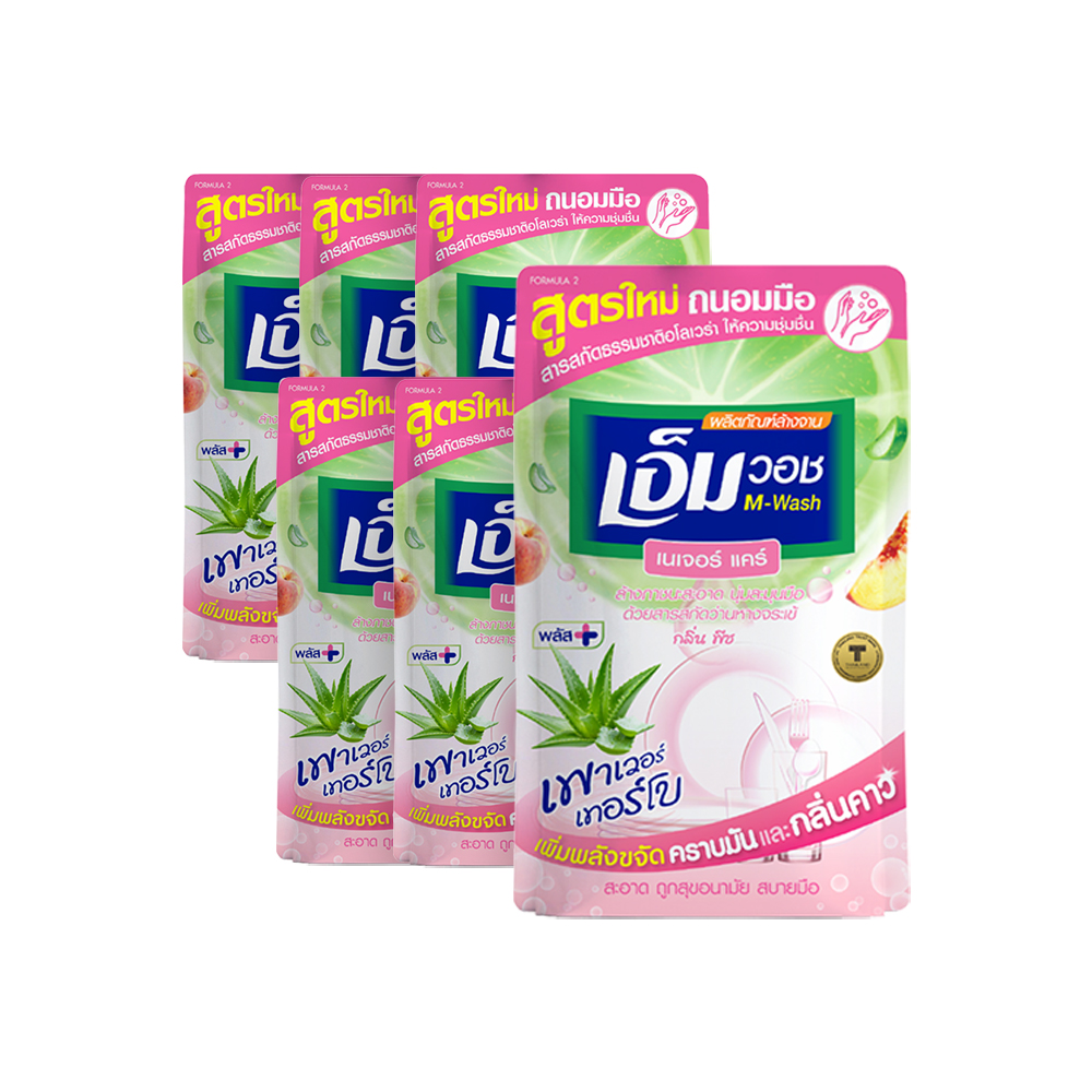 M-WASH Dishwashing Liquid, New Nature Care Formula (Peach Scent), 440ml ( 6 Packs )