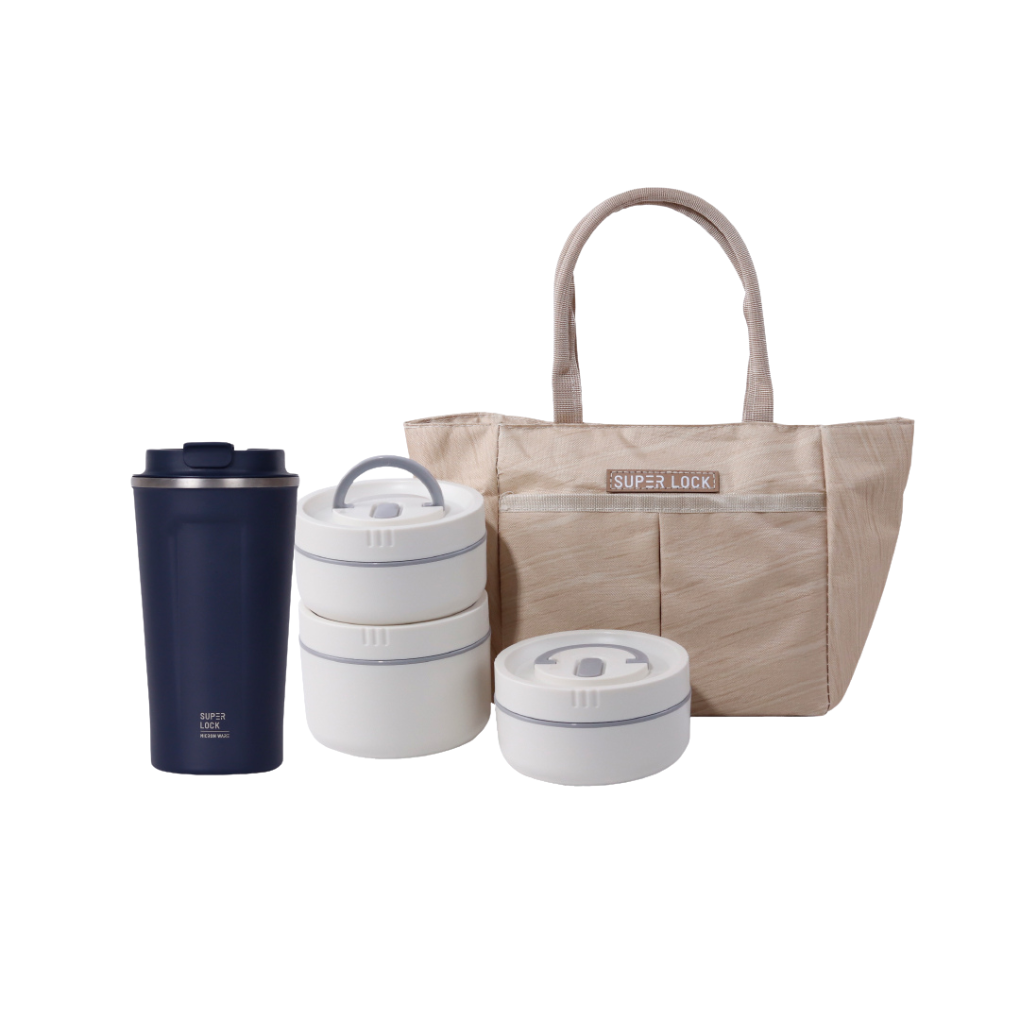 Super Lock Stainless Steel Food Container Set with Carry Bag 9501 + Stainless Steel Tumbler Model 500ml S141 Navy