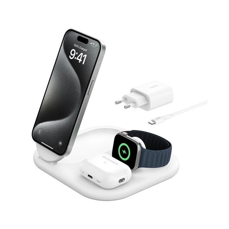 Belkin NEW แท่นชาร์จไร้สาย 3in1 แบบพับได้รุ่นใหม่ ชาร์จเร็วเทคโนโลยี Qi2 Magnetic Foldable Wireless Charger รุ่น WIZ029