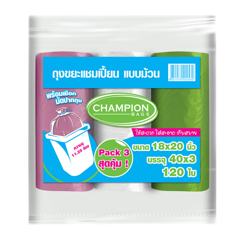 CHAMPION Garbage Bag Roll 18x20" Assorted Color 40 bags x 3