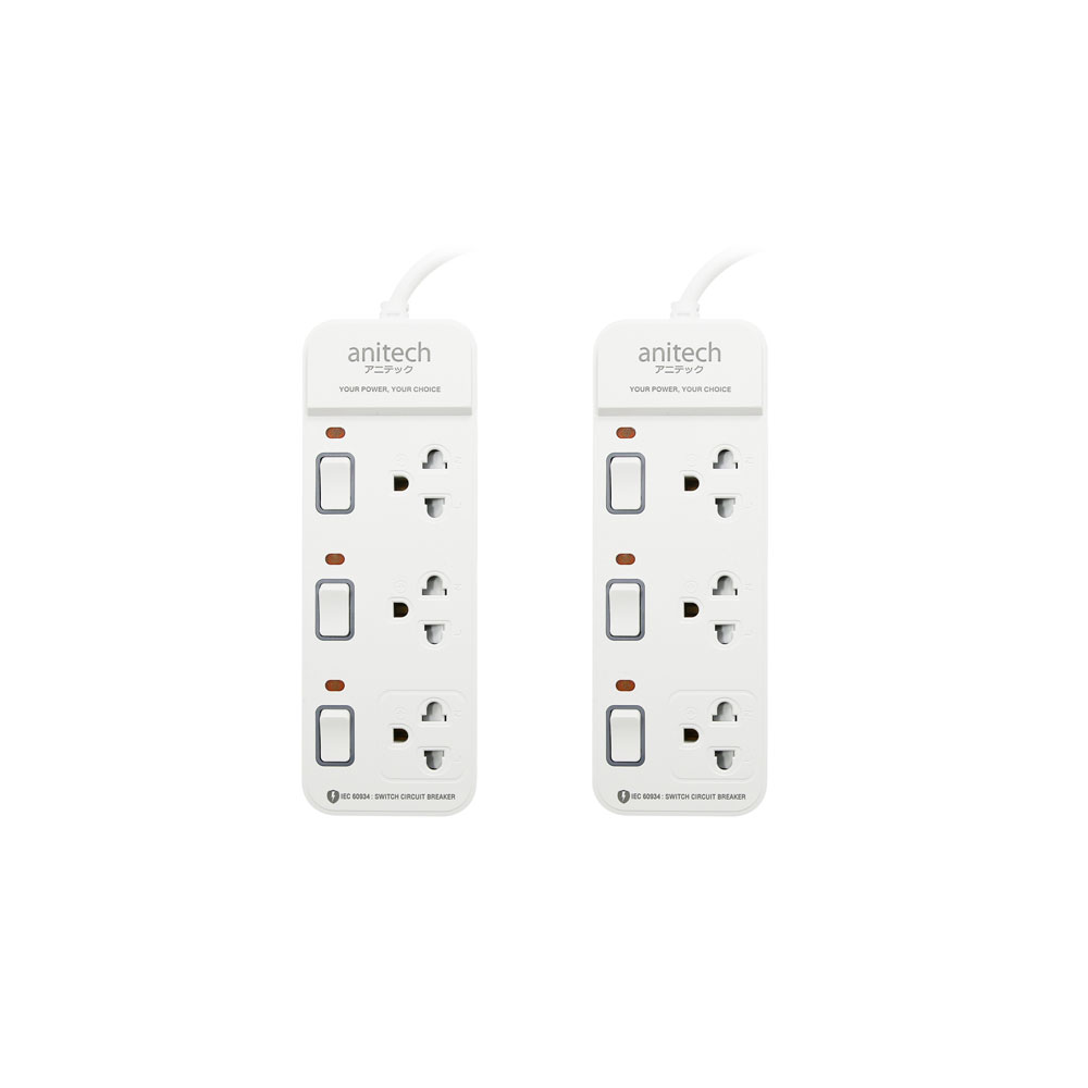 Anitech ปลั๊กไฟ 1 แถม 1 รุ่น H2233-PRO 3 ช่อง 3 สวิช  สายยาว 3 เมตร กําลังไฟ 2200W