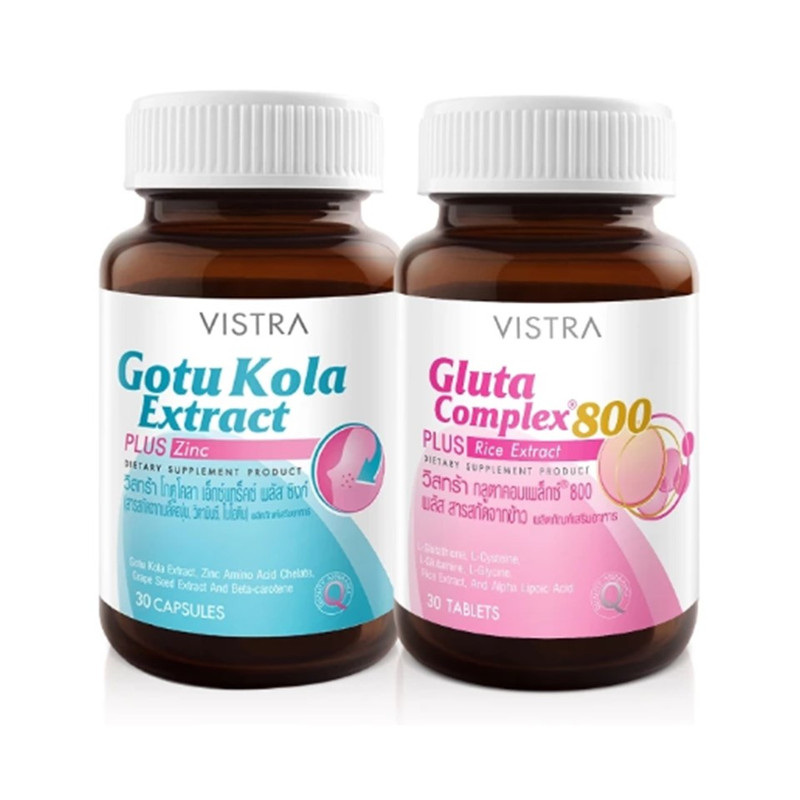 VISTRA Dietary Supplement Set Skin Glow Gotu Kola Extract Plus Zinc 30 Capsules + Gluta Complex 800 Plus Rice Extract 30 Tablets x 2