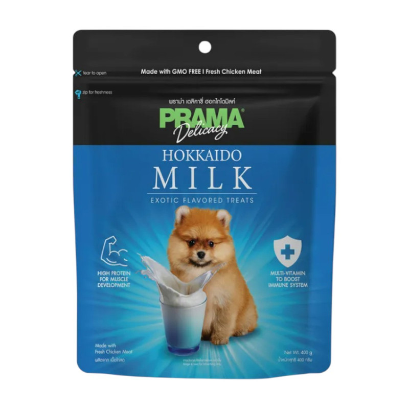 [ขนาดใหม่ 400g.] PRAMA Delicacy Snack พราม่า เดลิคาซี่ สแน็ค ขนมสุนัข ผลิตจากเนื้อไก่สด / รสนม 400g