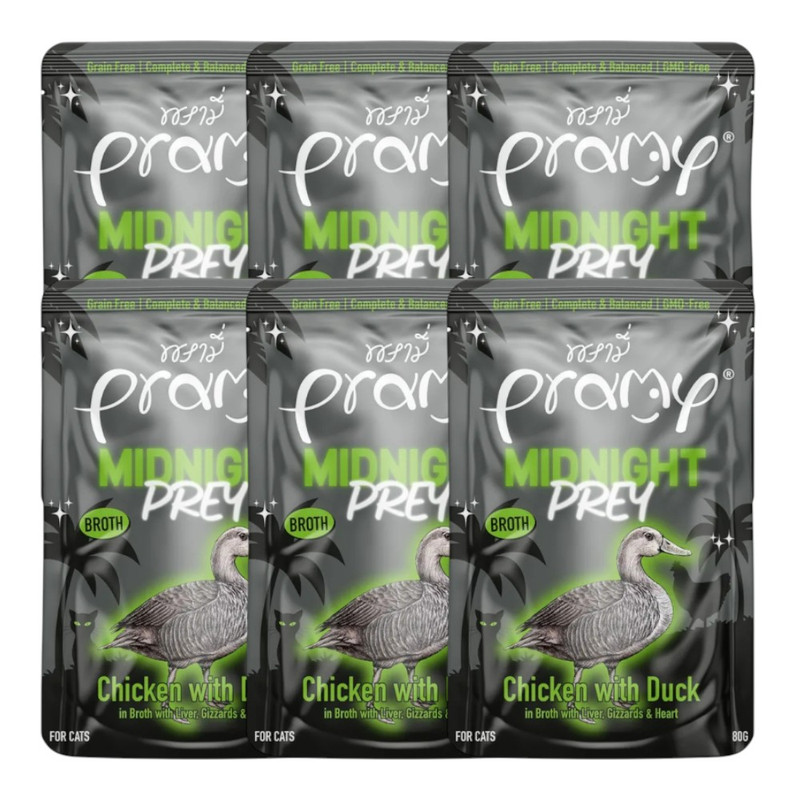[6 ซอง] Pramy Midnight Prey อาหารแมว สูตร Complete & Balanced โปรตีนสูง เนื้อสัตว์เน้นๆ ช่วยบํารุงสุขภาพ มี 6 สูตร 80g. MN3-ซุปไก่และเป็ด,6 ซอง
