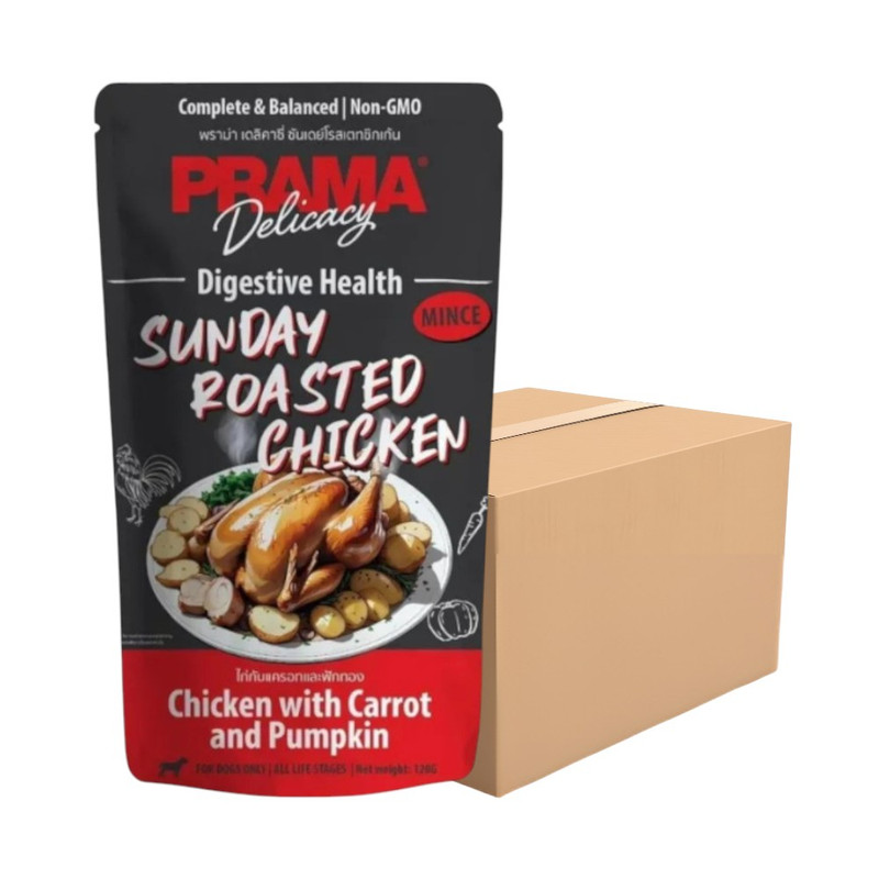 [12 ซอง] Prama อาหารเปียกสุนัข สูตร Complete & Balanced โปรตีนสูง เนื้อสัตว์เน้นๆ ช่วยบํารุงสุขภาพ มี 6 สูตร ขนาด 120g. PD4-ไก่ แครอท ฟักทอง