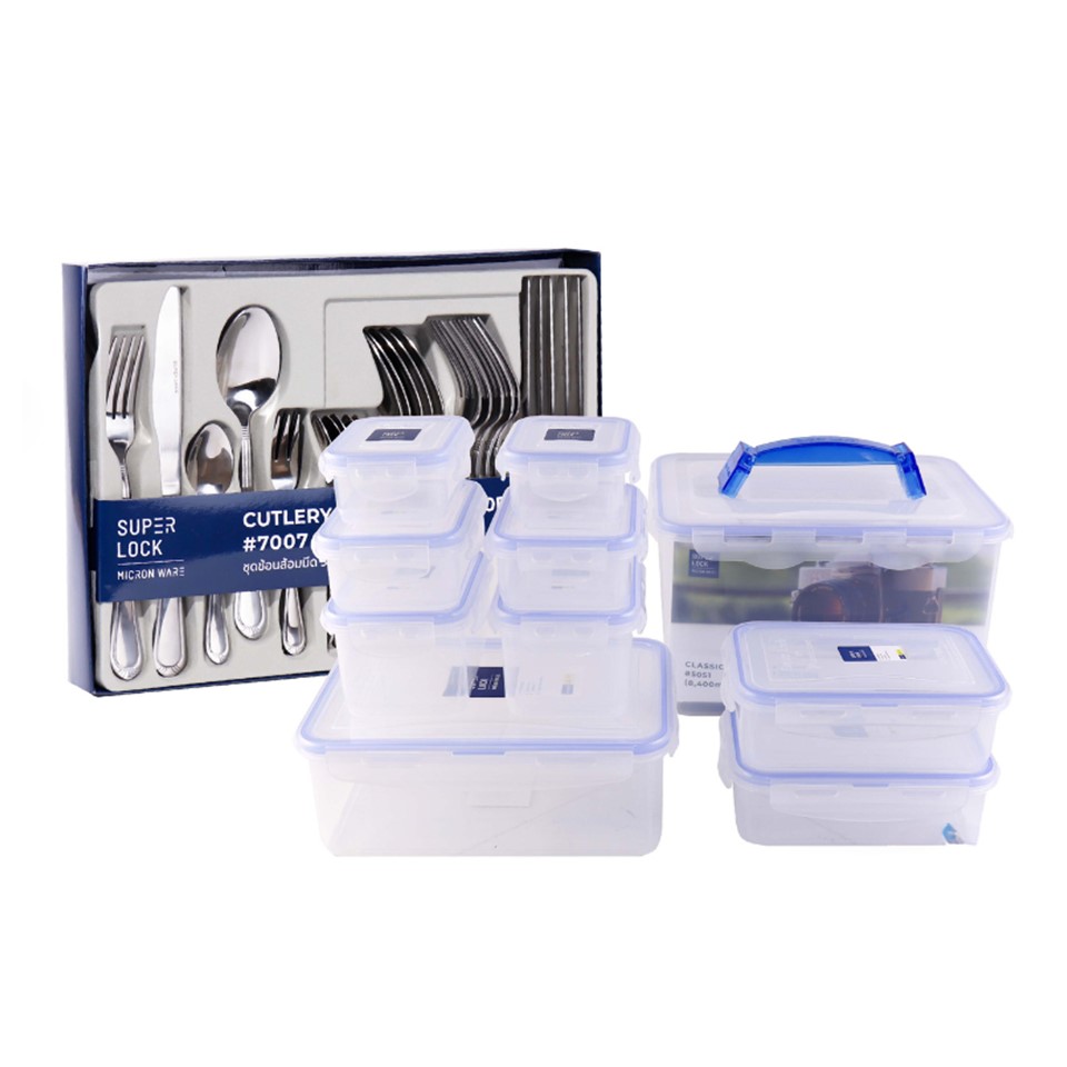 Super Lock Food Storage Container x 10 with Premium Stainless Steel Spoon Fork Knife Set 30 Piece