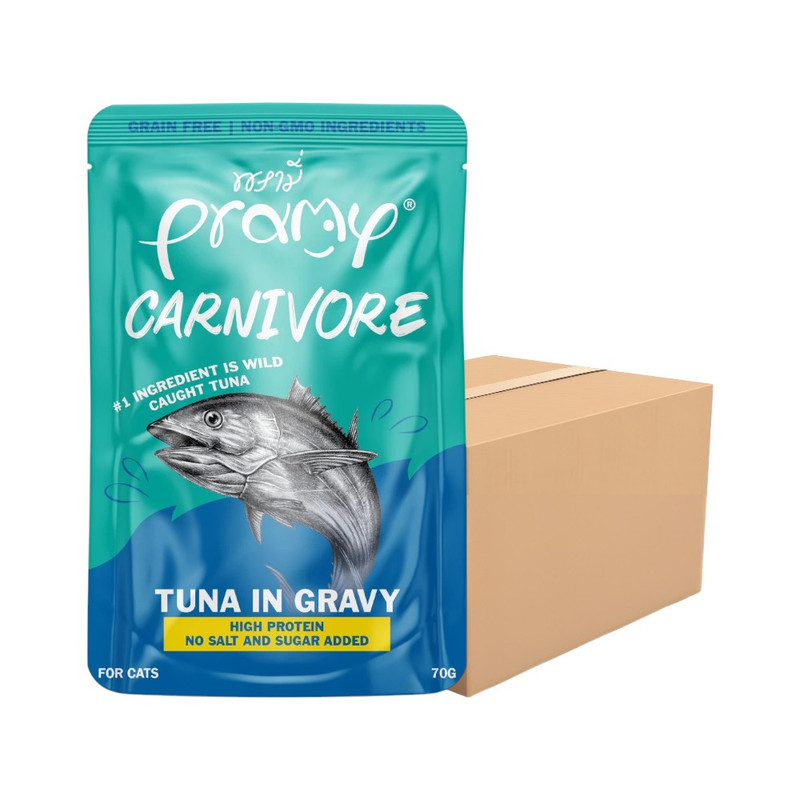 [12 ซอง] Pramy Carnivore พรามี่ คาร์นิวอร์ อาหารแมวโปรตีนสูงเนื้อสัตว์เน้นๆ มีให้เลือก 10 สูตร Gravy และ Jelly ขนาด 70g CV2-ทูน่าในเกรวี่