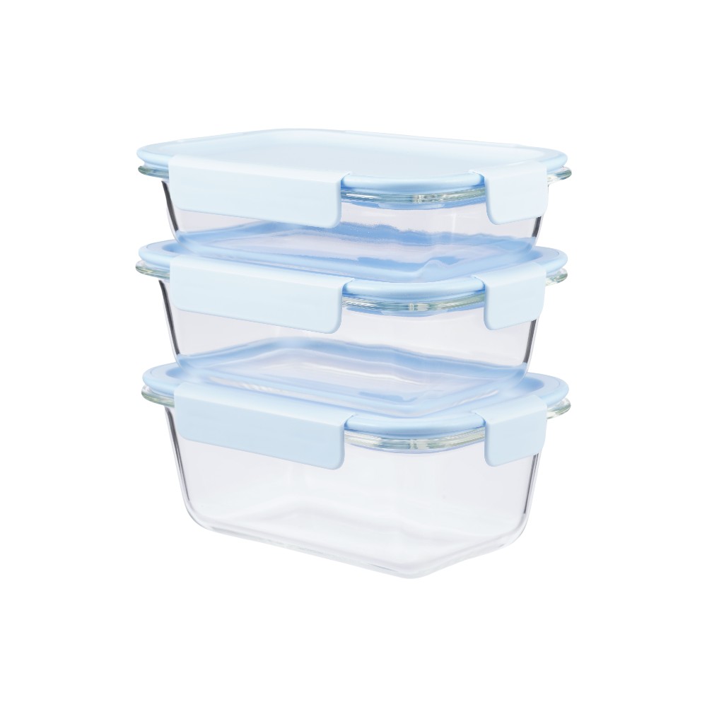 Super Lock Buy 2 Get 1 Free Blooming Series Glass Food Container Set, High Borosilicate Glass, BPA Free, Stackable, Oven Safe Blue