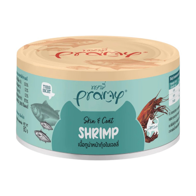 Pramy Canned พรามี่ อาหารกระป๋องสําหรับแมว ขนาด 80g C02-ทูน่าหน้ากุ้ง