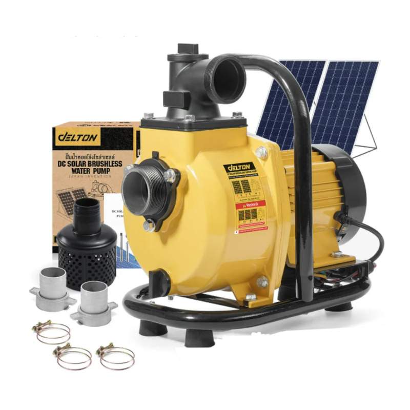 DELTON ปั๊มน้ําหอยโข่งโซล่าเซลล์ 2 นิ้ว มอเตอร์บัสเลส 1,100W โซล่าเซลล์ 40V-90Vmax DC รุ่น DCSP-1100-2 พร้อมกล่องคอนโทรล