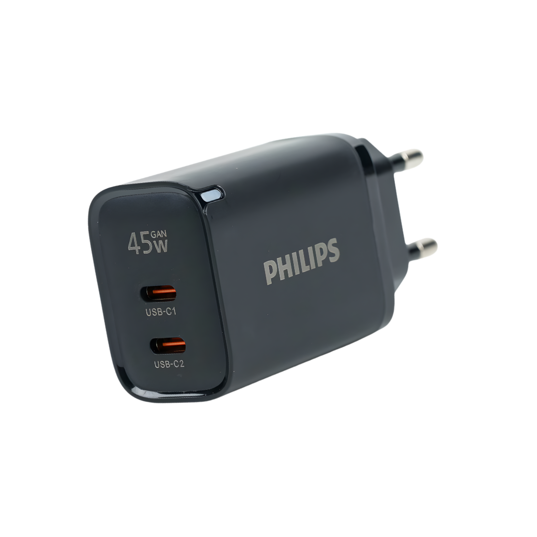 Philips หัวชาร์จเร็ว PD 45W อะแดปเตอร์ 2 พอร์ต GaN USB-C รุ่น DLP4645CB