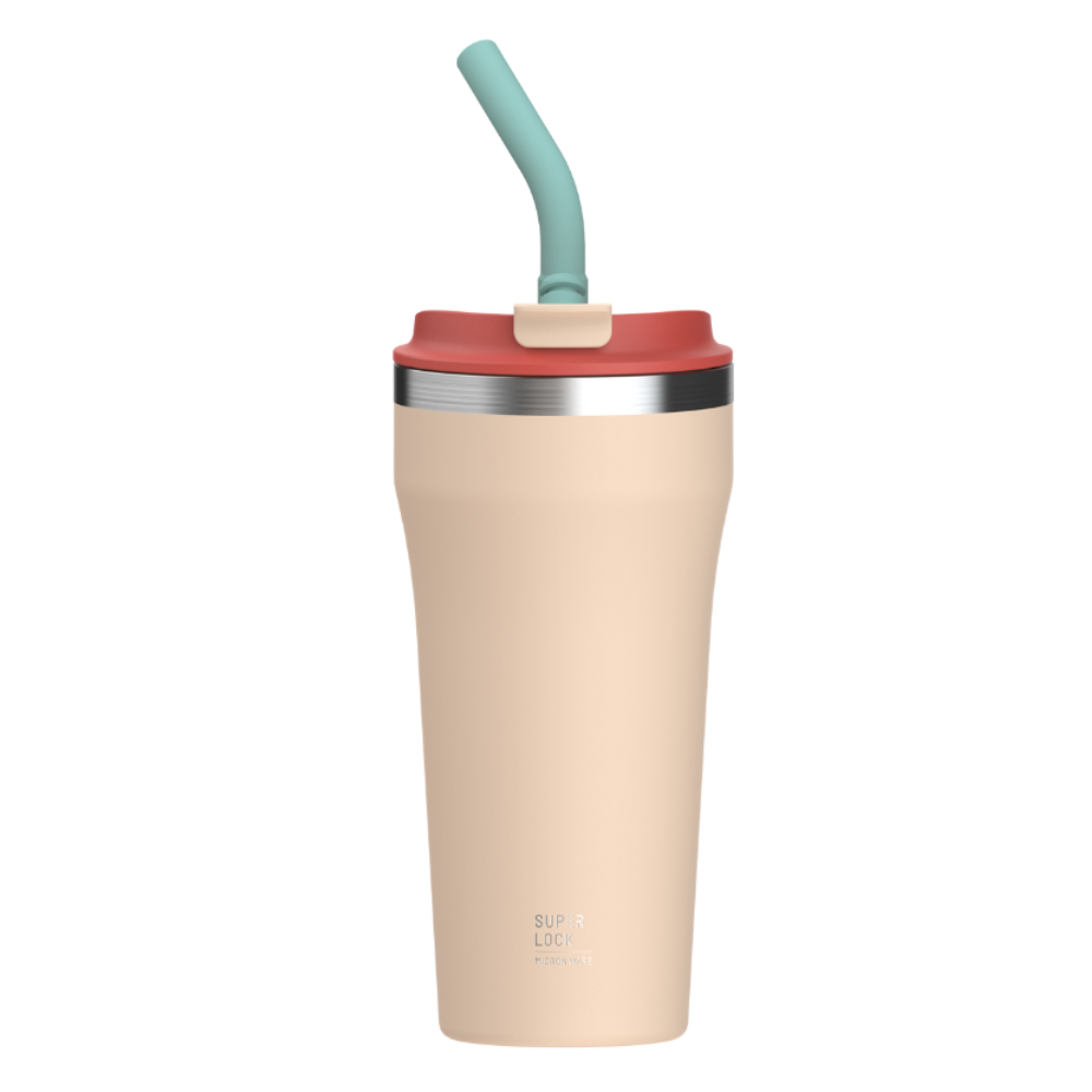 Super Lock Stainless Steel Tumbler with Stainless Steel Straw and Silicone Tip 500ml S182 Beige