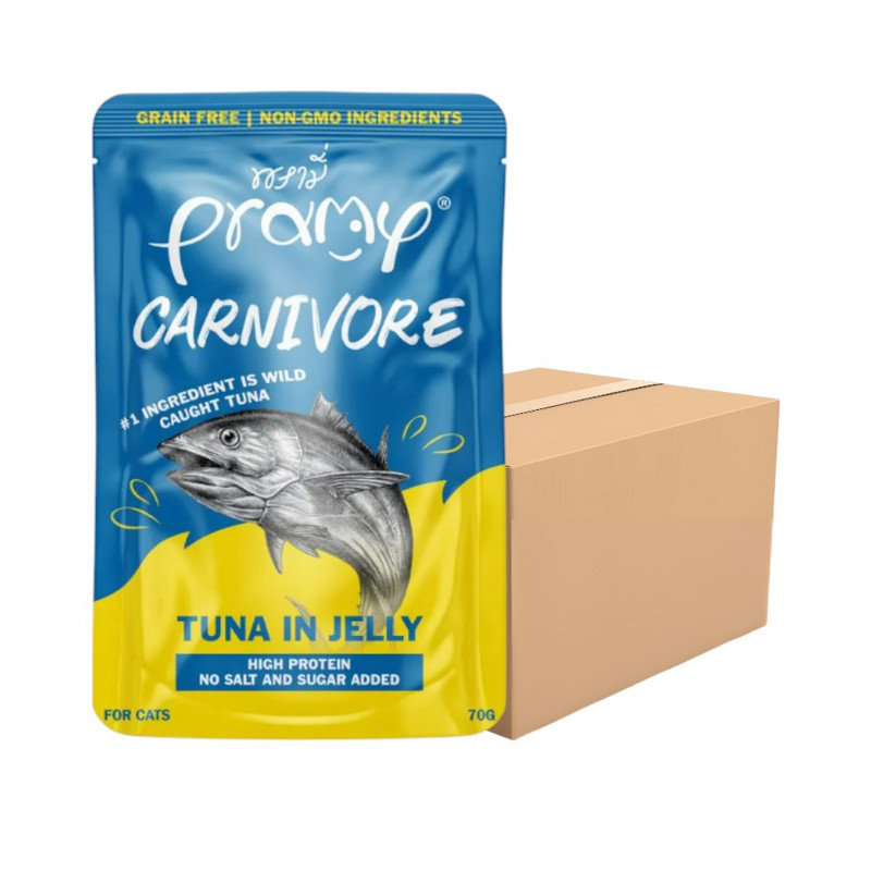 [12 ซอง] Pramy Carnivore พรามี่ คาร์นิวอร์ อาหารแมวโปรตีนสูงเนื้อสัตว์เน้นๆ มีให้เลือก 10 สูตร Gravy และ Jelly ขนาด 70g CV5-ทูน่าในเจลลี่