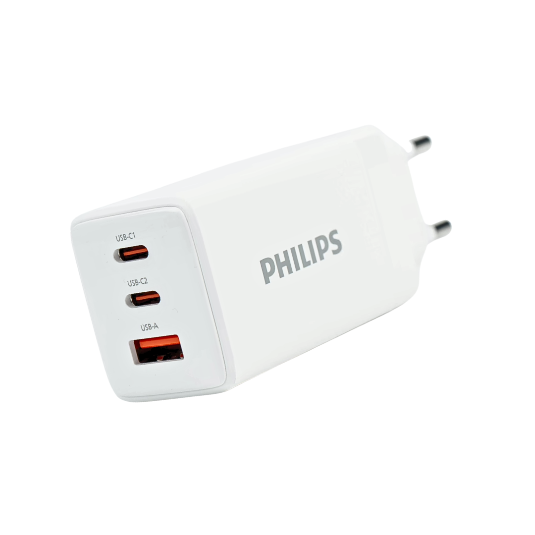 Philips หัวชาร์จเร็ว PD 65W อะแดปเตอร์ 3 พอร์ต QC3.0 GaN USB-C, A รุ่น DLP6333CB