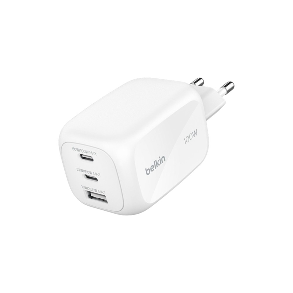 Belkin หัวชาร์จเร็ว 100W GaN + PPS ขากลม มอก.ไทย 3 Ports USB-C, USB-A รุ่น WCH016