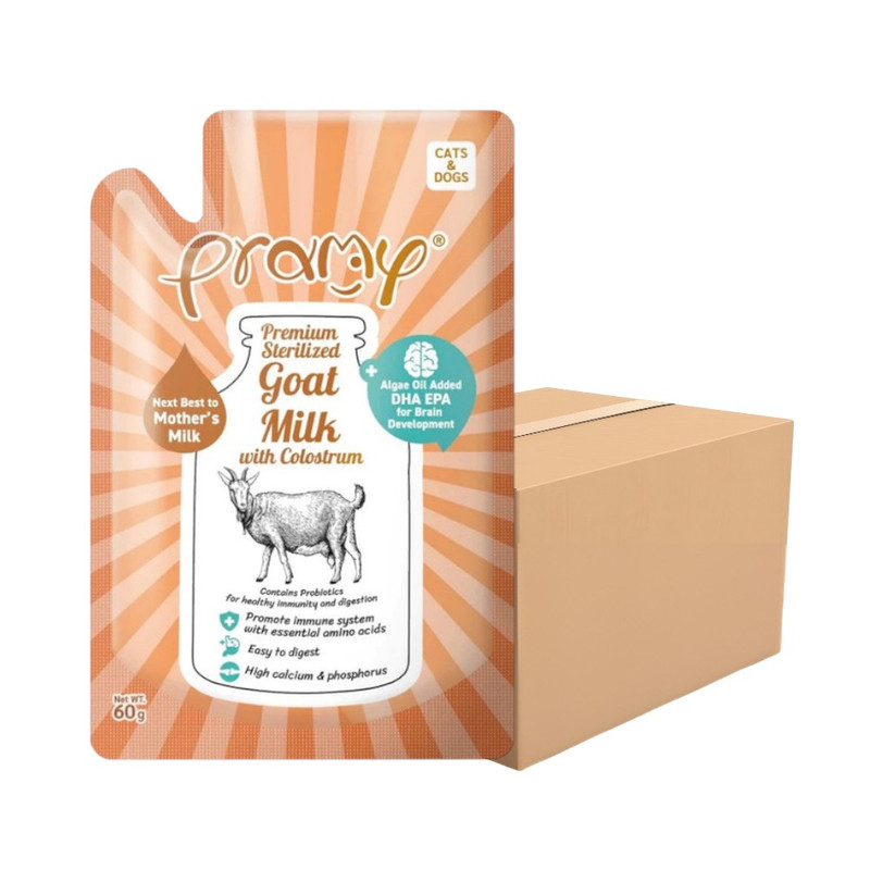 [12ซอง] Pramy Sterilized Goat Milk With Colostrum นมแพะ สเตอริไลส์ เสริมนมน้ําเหลือง ขนาด 60g / GM03-นมแพะสีส้ม