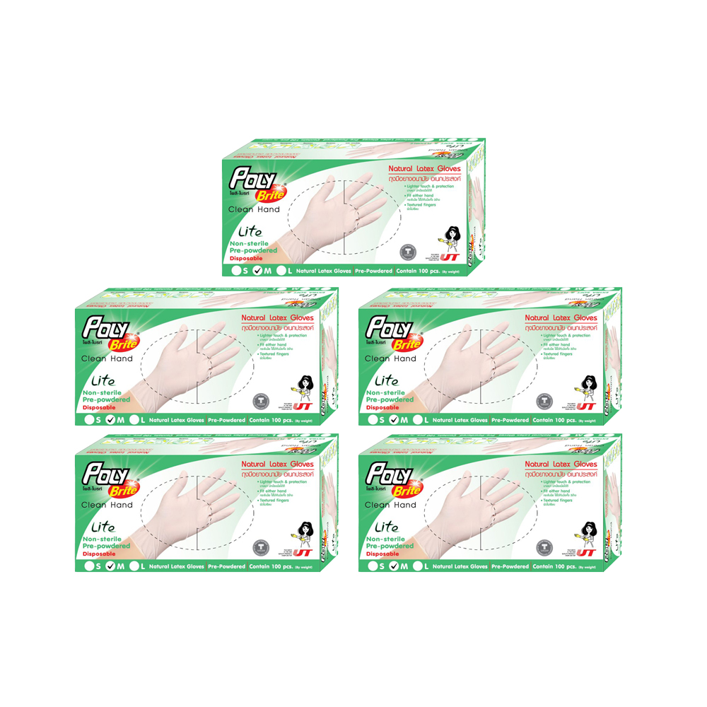 POLY BRITE Natural Latex Gloves Extra Thin Lite Size M 100 pcs x 5 boxes