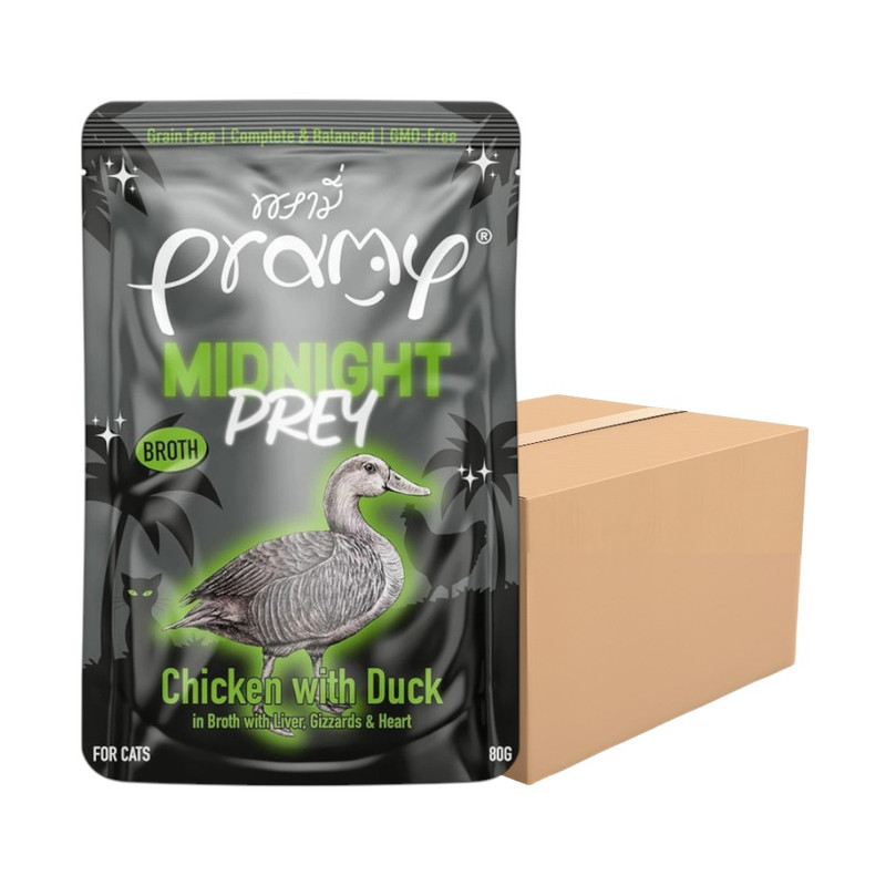 [12 ซอง] Pramy Midnight Prey อาหารแมว สูตร Complete & Balanced โปรตีนสูง เนื้อสัตว์เน้นๆ ช่วยบํารุงสุขภาพ มี 6 สูตร 80g. MN3-ซุปไก่และเป็ด
