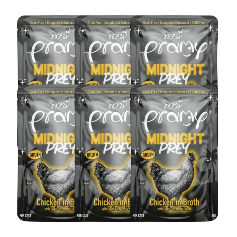 [6 ซอง] Pramy Midnight Prey อาหารแมว สูตร Complete & Balanced โปรตีนสูง เนื้อสัตว์เน้นๆ ช่วยบํารุงสุขภาพ มี 6 สูตร 80g. MN1-ซุปเนื้อไก่,6 ซอง