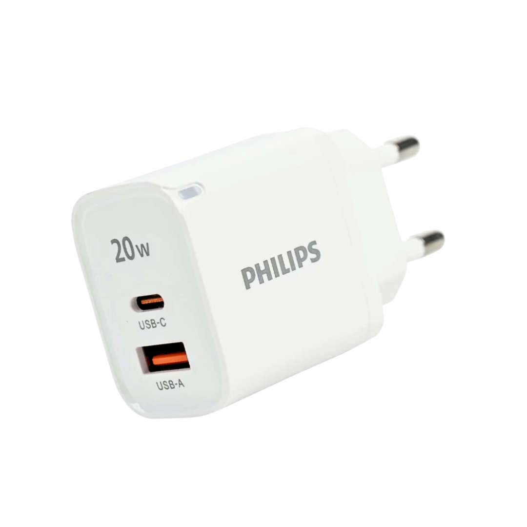 Philips หัวชาร์จเร็ว PD 20W อะแดปเตอร์ 2 พอร์ต GaN USB-C, A รุ่น DLP4317CB