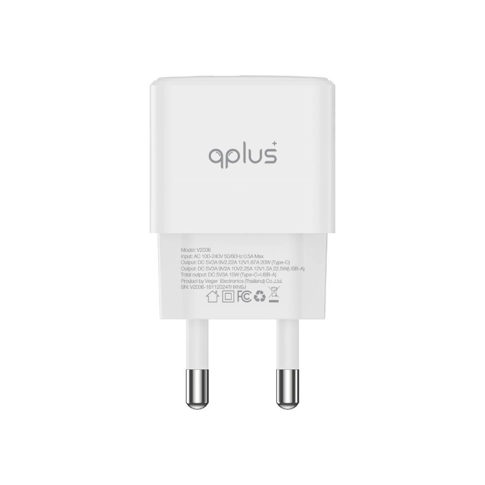 QPLUS Wall USB Charger 1 USB-A / 1 USB-C 20W White