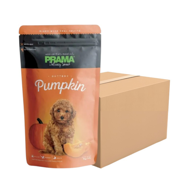 [12 ซอง] PRAMA Delicacy Snack  พราม่า เดลิคาซี่ สแน็ค รสผลไม้ ขนมสําหรับสุนัข ฟักทอง ขนาด 70 กรัม
