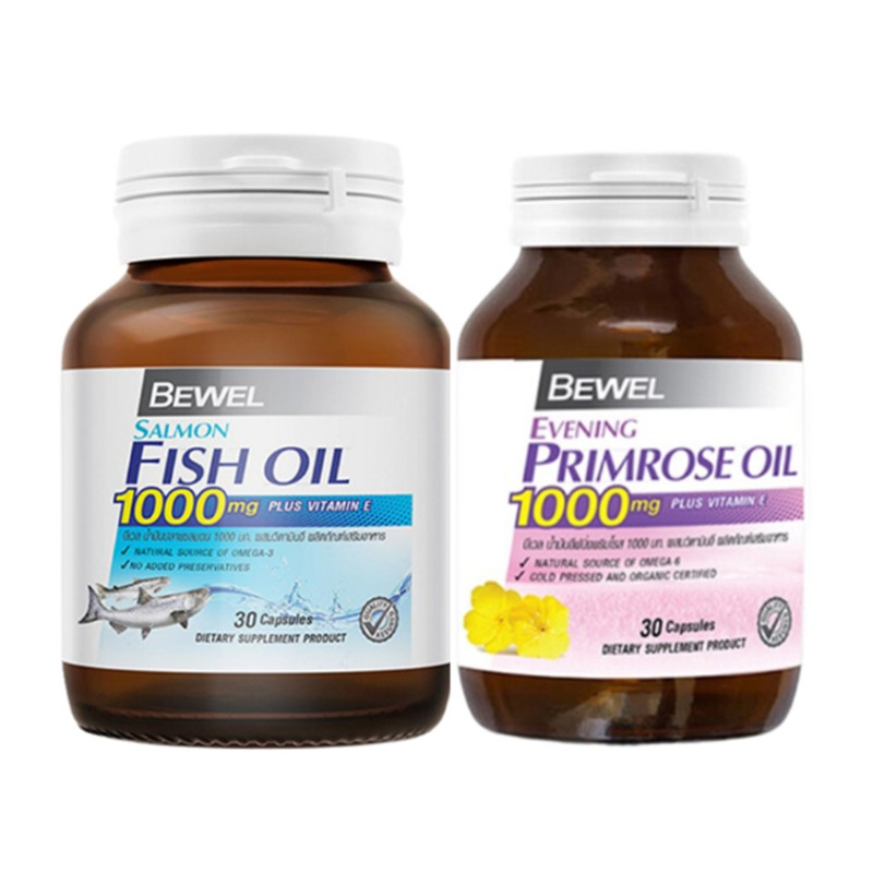 BEWEL Dietary Supplement Set Dietary Supplement Evening Primrose Oil 1,000 mg 30 Capsule + Salmon Fish Oil Plus vitamin E Omega3 1,000 mg 30 Capsule x 2