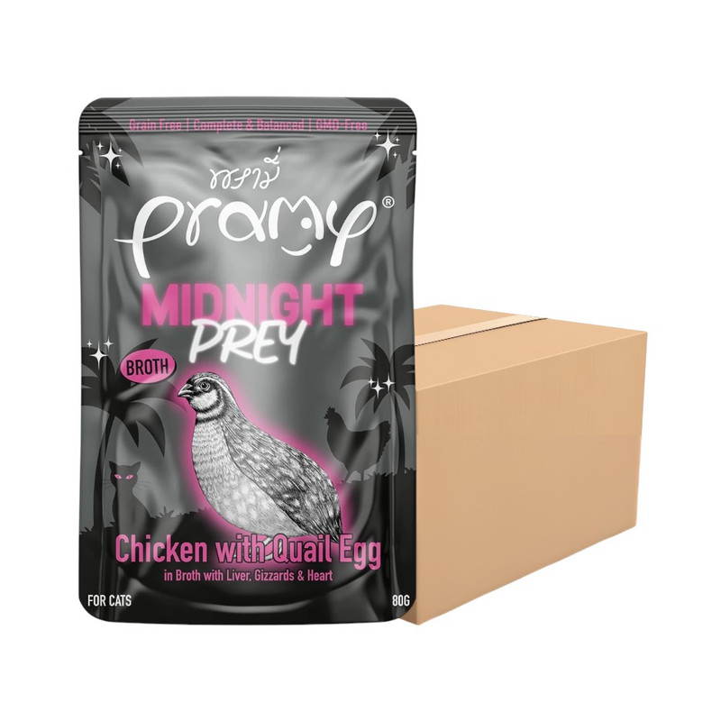 [48 ซอง] Pramy Midnight Prey อาหารแมว สูตร Complete & Balanced โปรตีนสูง เนื้อสัตว์เน้นๆ ช่วยบํารุงสุขภาพ มี 6 สูตร 80g. MN4-ซุปไก่&ไข่นก