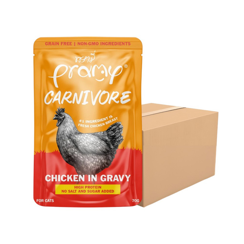 [12 ซอง] Pramy Carnivore พรามี่ คาร์นิวอร์ อาหารแมวโปรตีนสูงเนื้อสัตว์เน้นๆ มีให้เลือก 10 สูตร Gravy และ Jelly ขนาด 70g CV3-ไก่ในเกรวี่