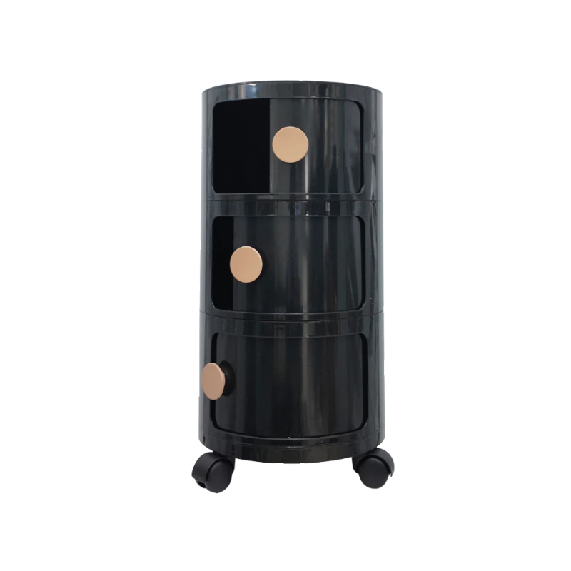 DKW Official Round Shelf รุ่นTori ชั้นวาง(มีล้อ)ทรงกลม 3ชั้น จัดเก็บของใช้ ตู้ข้างเตียง ลิ้นชักเก็บของโมเดิร์น สีดำ-ด้ามจับไมโล