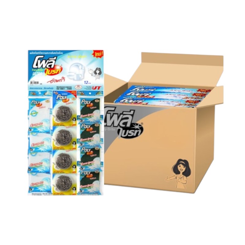 Poly-Brite Ultra “3 Companions” (20 g stainless steel scrubber / multi-purpose scouring pad / mesh-wrapped sponge), 12 pieces per card (12 cards per carton)