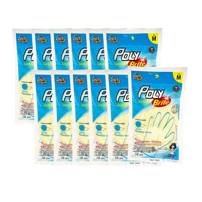POLY BRITE Natural Latex Gloves Powder-free Size M 10 pcs x 12 bags