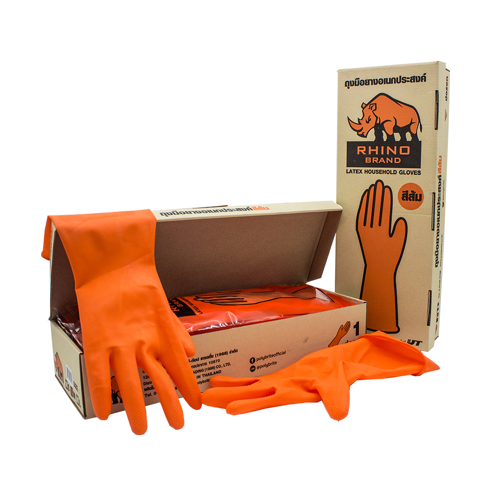Poly-Brite Rhino ถุงมือยาง สีส้ม Size S (12 คู่)