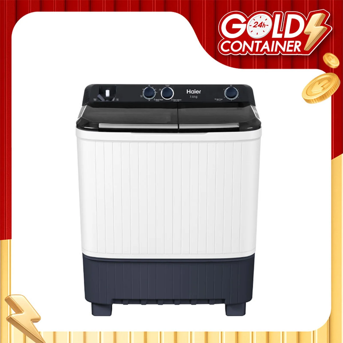 Haier เครื่องซักผ้า 2 ถัง ความจุ 7.5 KG รุ่น HTW70-1217BS สีขาว